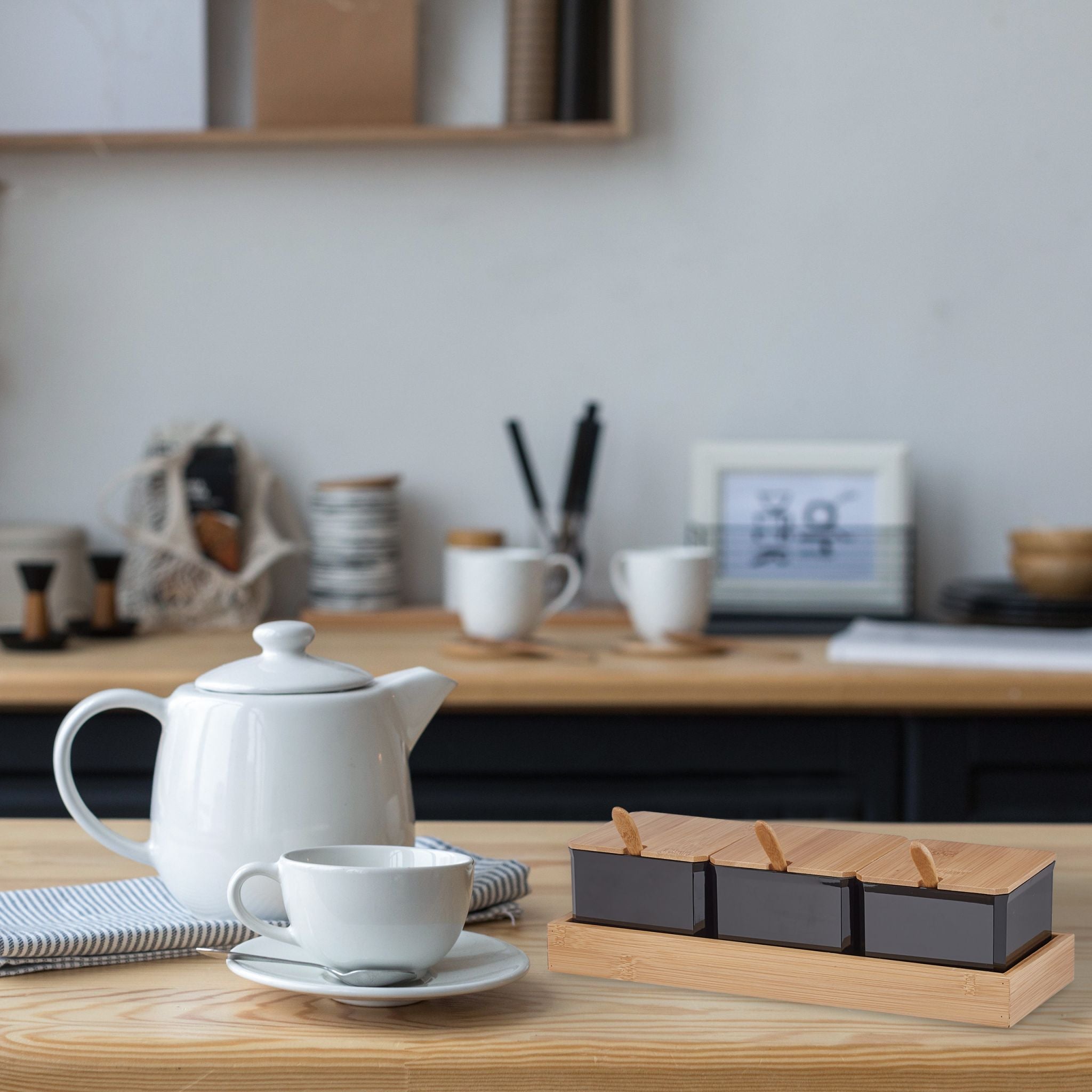 Relaxdays Σετ με 3 Βάζα Αποθήκευσης με Κουτάλι και Καπάκι από Μπαμπού - Light Brown / Black - 4052025983529