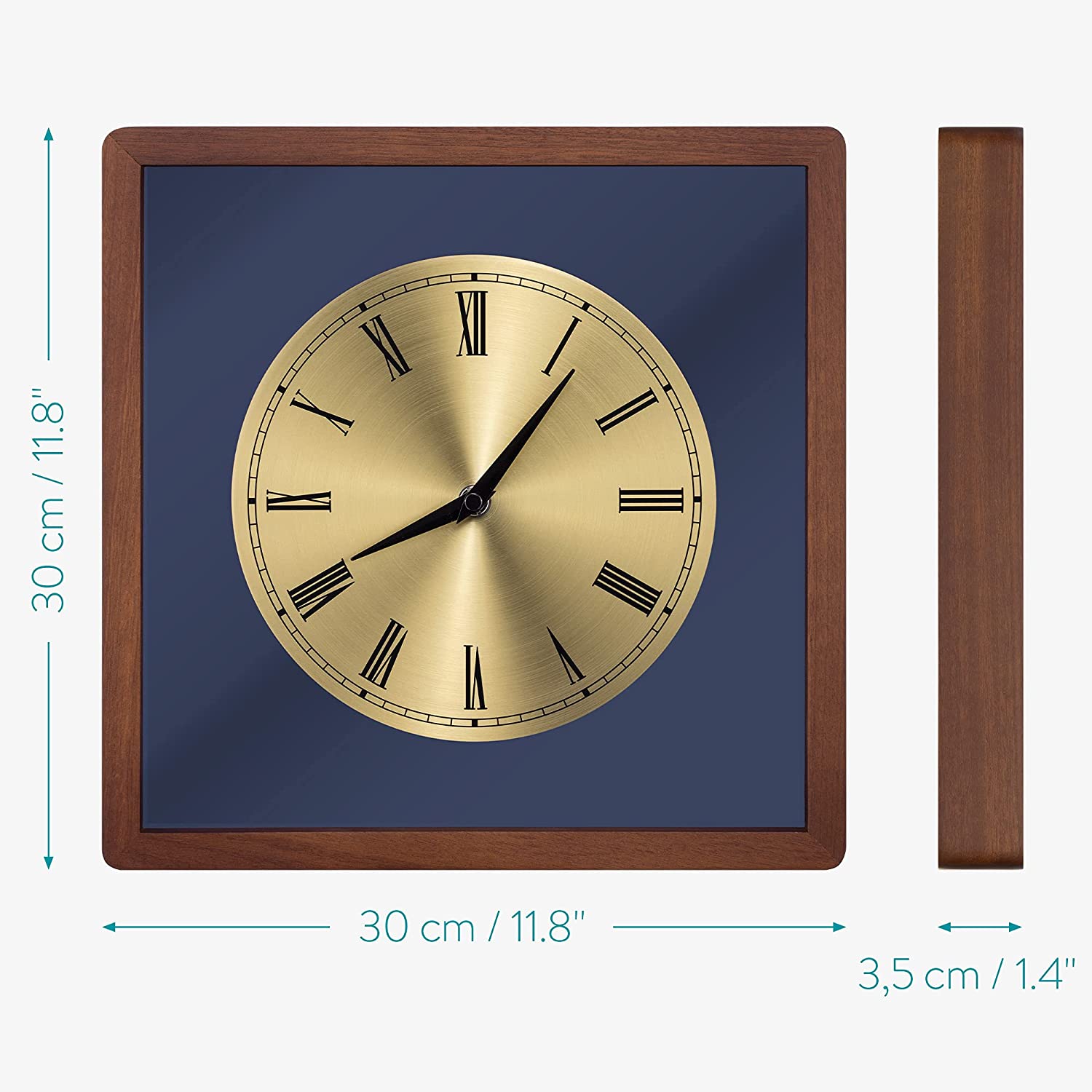 Navaris Analogue Wood Wall Clock Design Square - Ξύλινο Ρολόι Tοίχου - Dark Brown / Gold - 54471.18.21