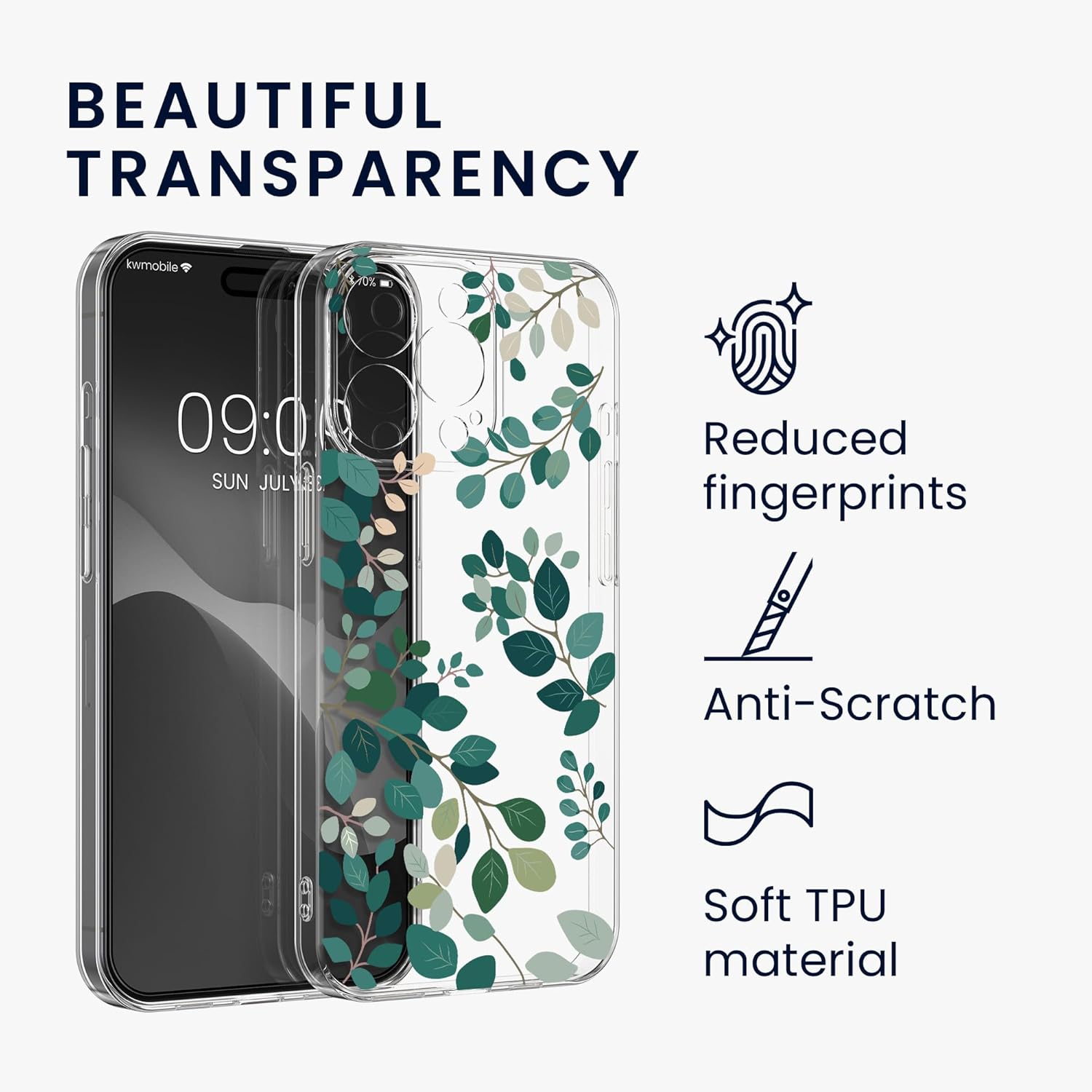 KW iPhone 15 Pro Max Θήκη Σιλικόνης TPU με Αντιχαρακτικό Γυαλί - Design Spring Leaves - Green / Διάφανη