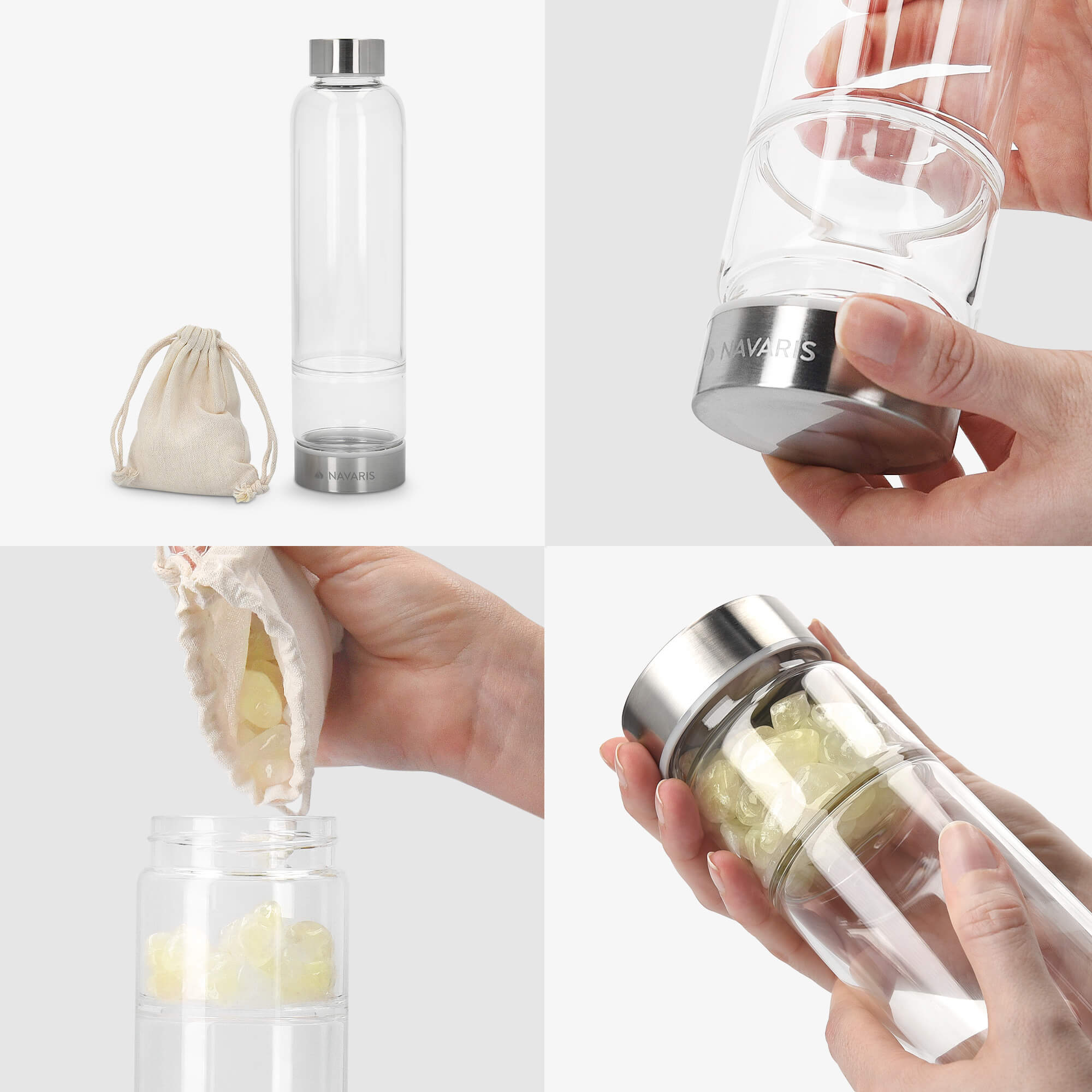 Navaris Γυάλινο Μπουκάλι Νερού με Πέτρες Κιτρίτη και Θήκη - BPA FREE - 420ml - Citrine Stone - 53150.05