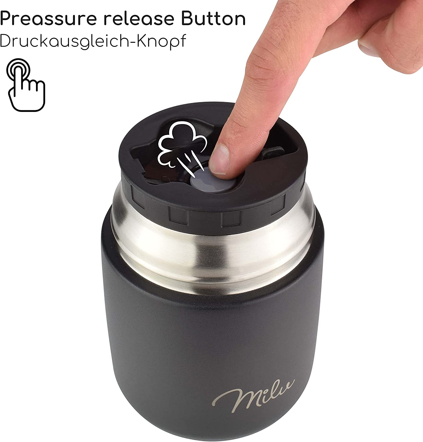 Milu Θερμός Φαγητού από Ανοξείδωτο Ατσάλι με Καπάκι-Μπολ και Κουτάλι - 450ml - Black - 2297