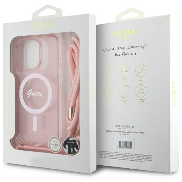 Guess iPhone 16 Pro - Crossbody Cord Script MagSafe - Σκληρή Θήκη με Πλαίσιο Σιλικόνης και Λουράκι - Pink - GUHMP16LHCTSGNSP