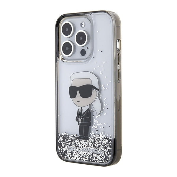 Karl Lagerfeld iPhone 15 Pro - Liquid Glitter Ikonik Σκληρή Θήκη με Πλαίσιο Σιλικόνης - Διάφανη - KLHCP15LLKKNSK