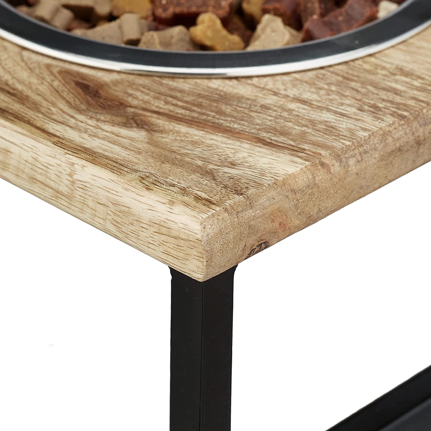 Relaxdays Ξύλινη Βάση από Μάνγκο με 2 Μπολ από Ανοξείδωτο Ατσάλι για Κατοικίδια - 250 ml - Natural / Silver - 4052025373818