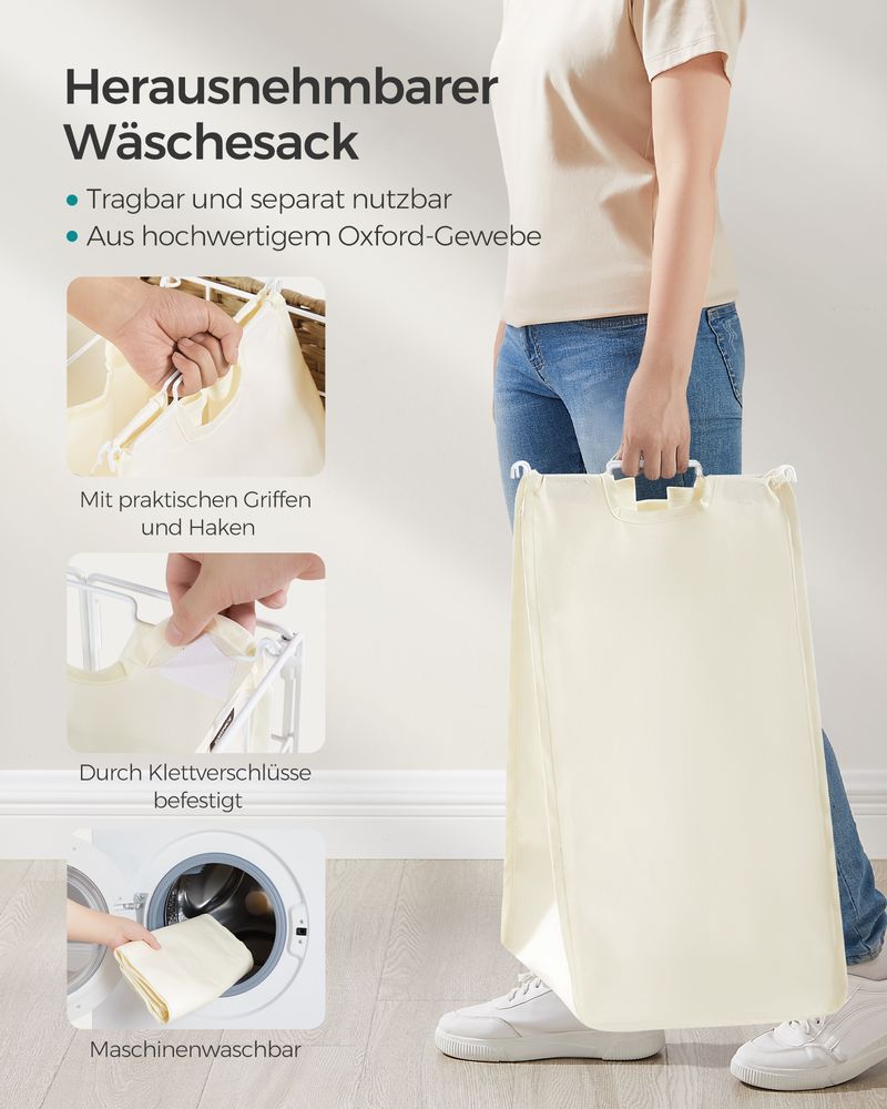 Songmics Τροχήλατο Αναδιπλούμενο Καλάθι Απλύτων με 2 Χωρίσματα και Καπάκι - 110L - Natural Beige / Cream White - LCB211N01