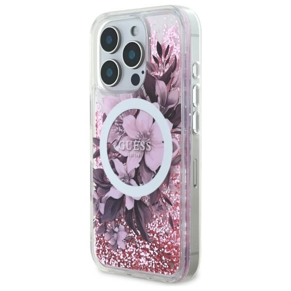 Guess iPhone 16 Pro - Liquid Glitter Flower MagSafe - Σκληρή Θήκη με Πλαίσιο Σιλικόνης - Διάφανη - GUHMP16LLFMWTP