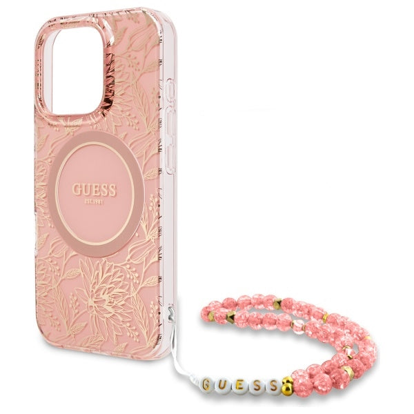 Guess iPhone 16 Pro Max - IML Flowers Allover Electro With Pearl Strap MagSafe - Σκληρή Θήκη με Πλαίσιο Σιλικόνης και Λουράκι - Pink - GUHMP16XHCPOFPP