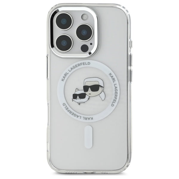 Karl Lagerfeld iPhone 16 Pro - IML Metal Karl and Choupette Head - Σκληρή Θήκη με Πλαίσιο Σιλικόνης και MagSafe - White - KLHMP16LHLSKCH