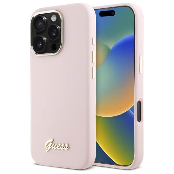 Guess iPhone 16 Pro - Silicone Script Metal Logo and Frame - Σκληρή Θήκη με Πλαίσιο Σιλικόνης - Pink - GUHCP16LSMBSLP