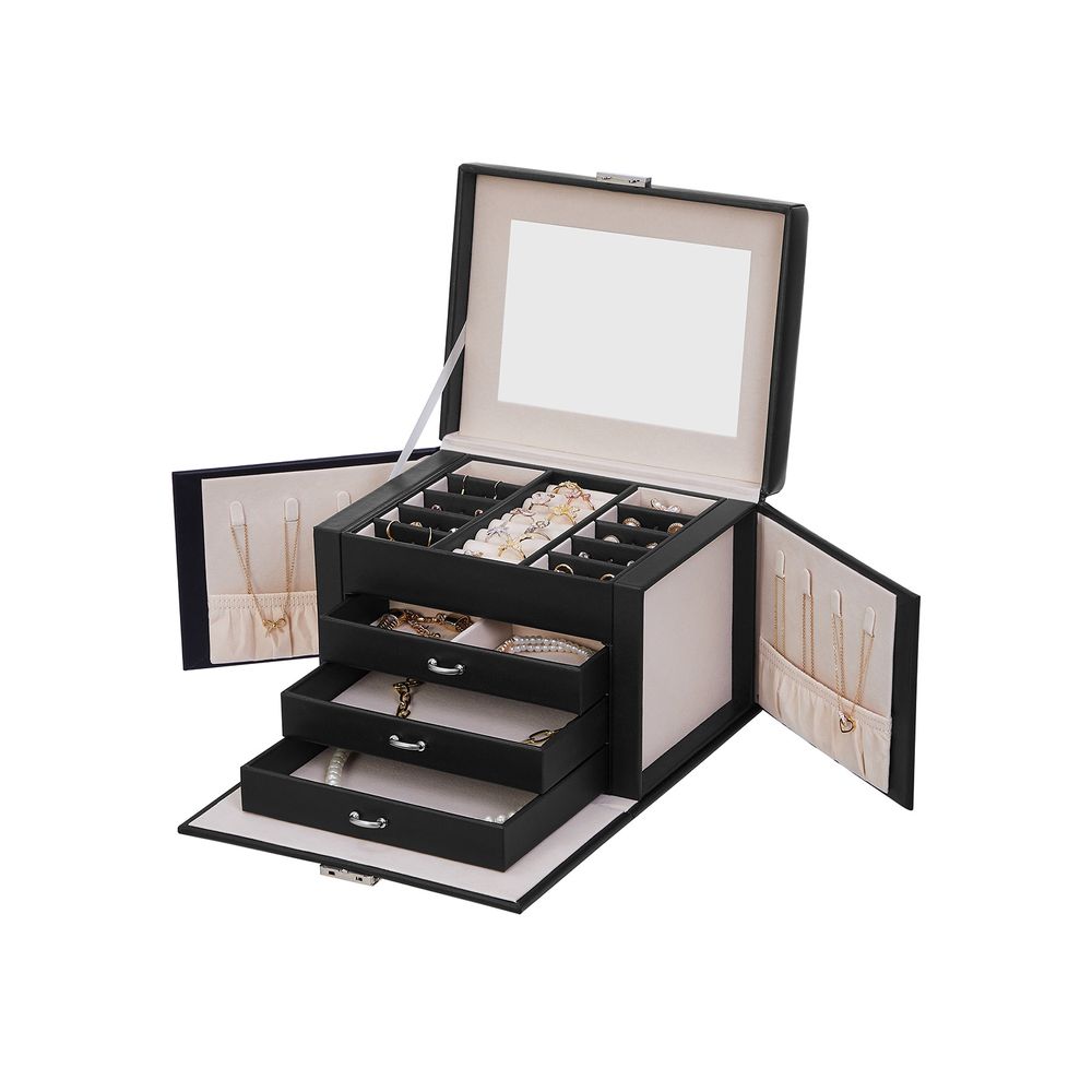 Songmics Φορητό Κουτί Αποθήκευσης Κοσμημάτων 4 Επιπέδων με Καθρέπτη και Κλειδαριά - Black - JBC159B01