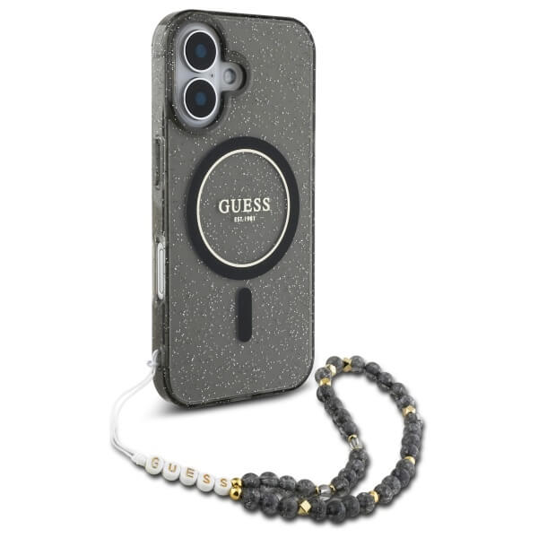 Guess iPhone 16 - IML Glitter With Pearl Strap MagSafe - Σκληρή Θήκη με Πλαίσιο Σιλικόνης και Λουράκι - Black - GUHMP16SHGCRELSK