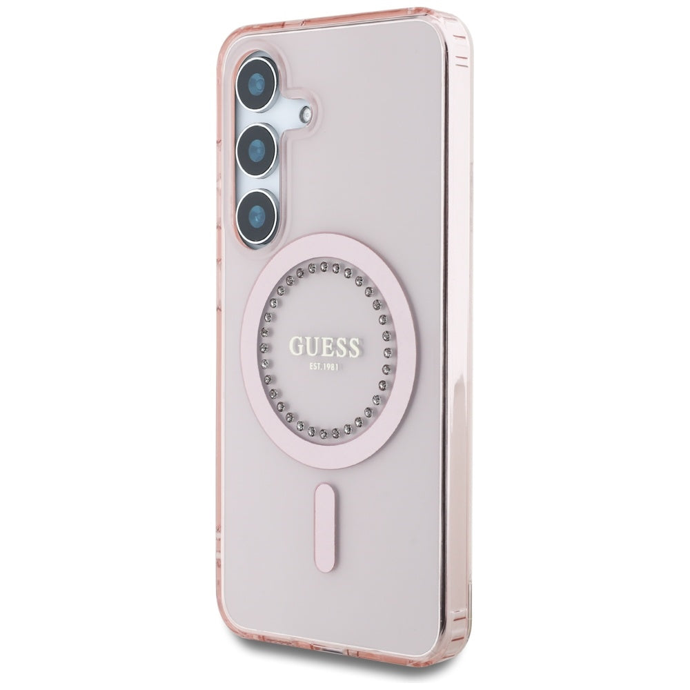 Guess Samsung Galaxy S25 - Rhinestones Printed Classic Logo - MagSafe Σκληρή Θήκη με Πλαίσιο Σιλικόνης - Pink - GUHMS25SPFTDTEP