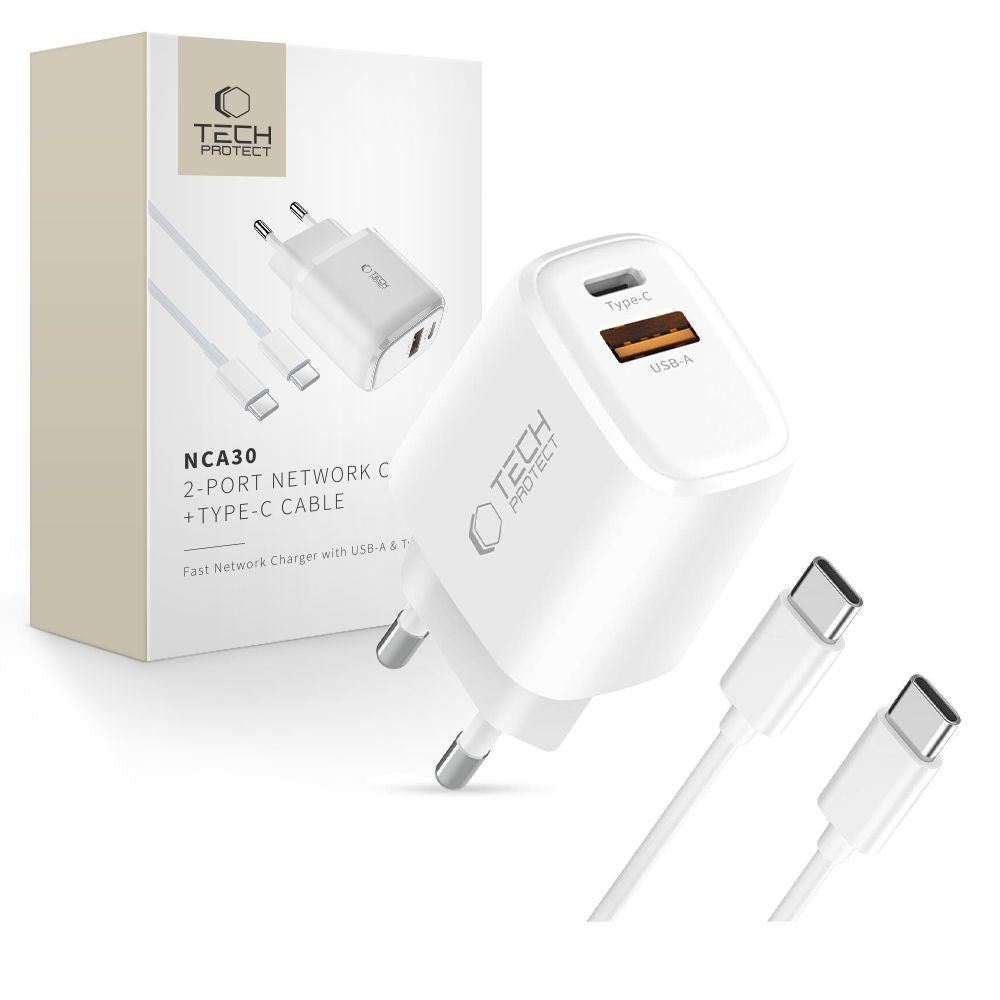 Tech - Protect Φορτιστής Γρήγορης Φόρτισης με 1 Θύρα Type - C και 1 Θύρα USB και Καλώδιο Type - C PD 30W QC3.0 - NCA30 - White