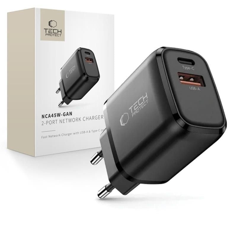 Tech - Protect Οικιακός Φορτιστής με 1 Θύρα USB και 1 Θύρα Type - C PD 45W QC3.0 - NCA45W - GAN - Black
