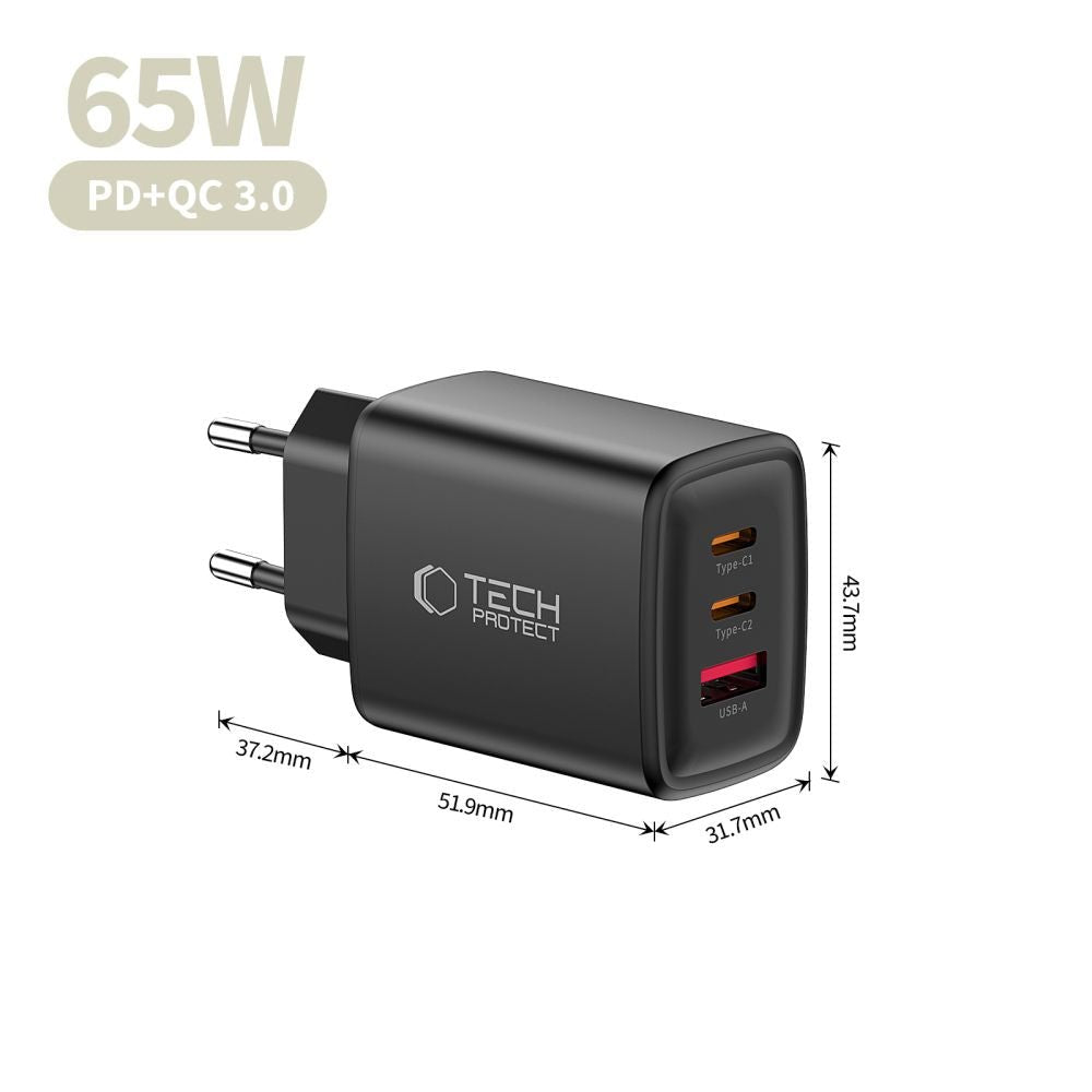 Tech - Protect Οικιακός Φορτιστής με 1 Θύρα USB και 2 Θύρες Type - C PD 65W QC3.0 - NCA65W - GAN - Black