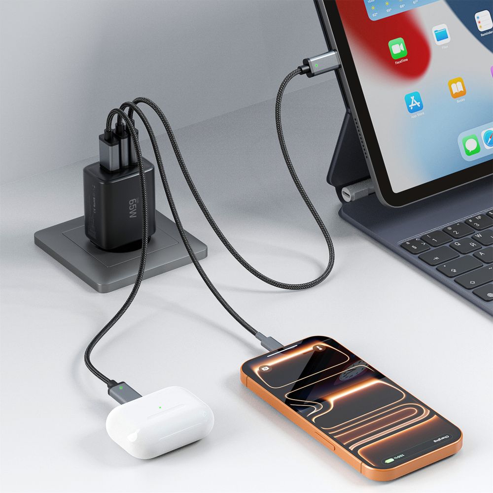 Tech - Protect Οικιακός Φορτιστής με 1 Θύρα USB και 2 Θύρες Type - C PD 65W QC3.0 - NCA65W - GAN - Black