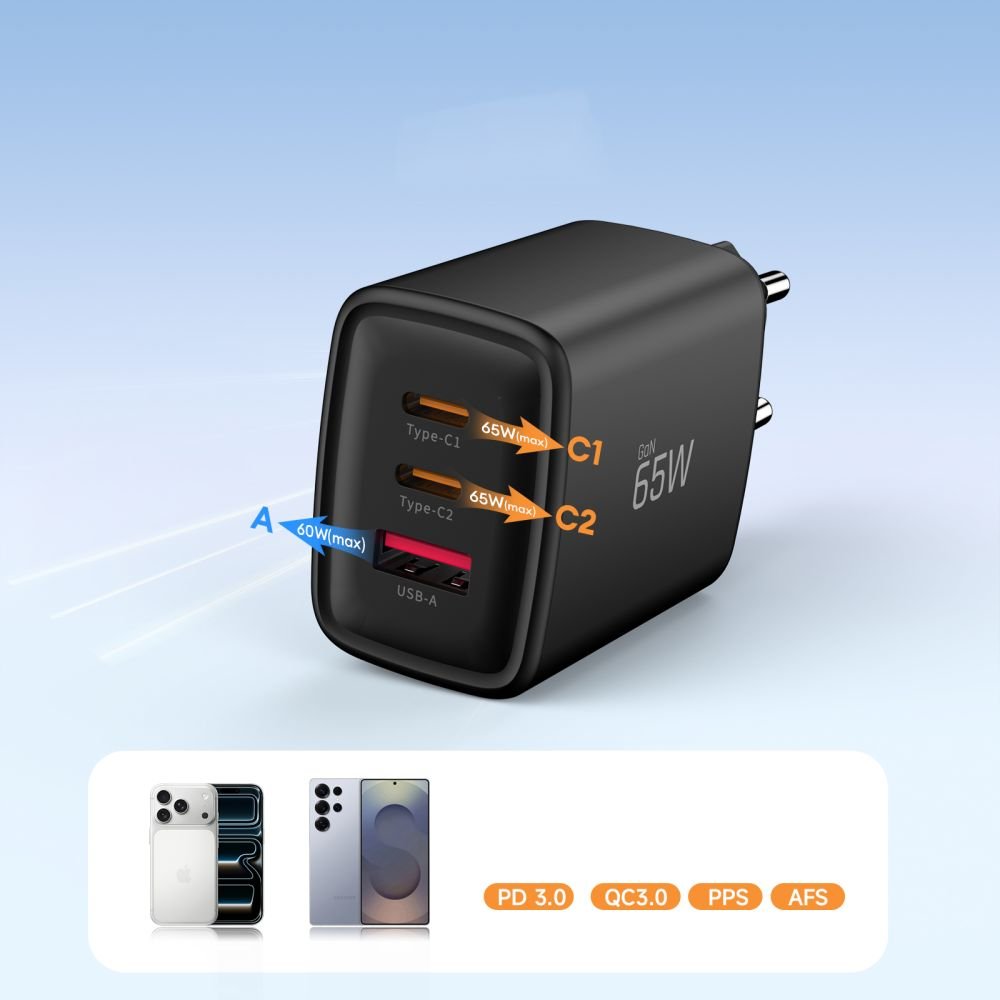 Tech - Protect Οικιακός Φορτιστής με 1 Θύρα USB και 2 Θύρες Type - C PD 65W QC3.0 - NCA65W - GAN - Black
