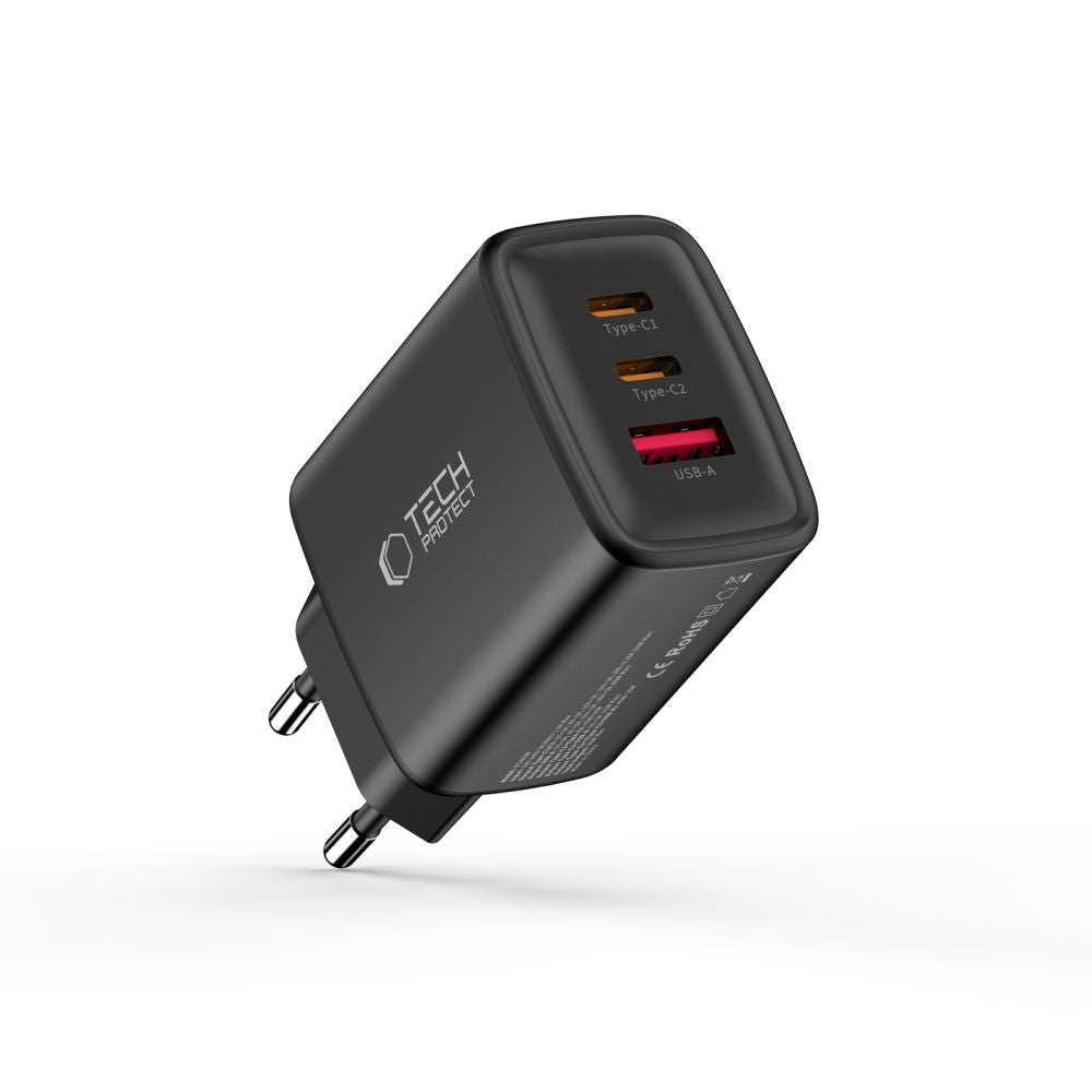 Tech - Protect Οικιακός Φορτιστής με 1 Θύρα USB και 2 Θύρες Type - C PD 65W QC3.0 - NCA65W - GAN - Black