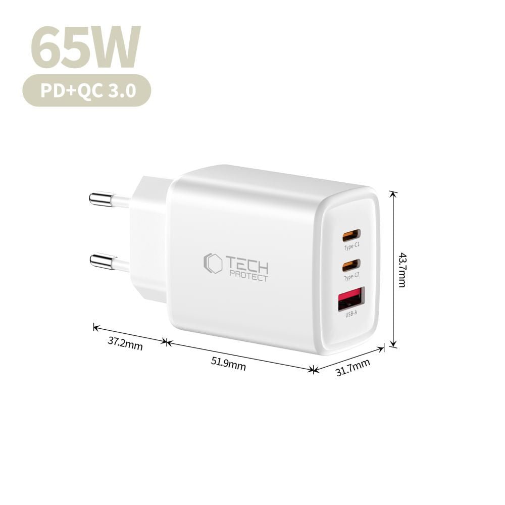 Tech - Protect Οικιακός Φορτιστής με 1 Θύρα USB και 2 Θύρες Type - C PD 65W QC3.0 - NCA65W - GAN - White