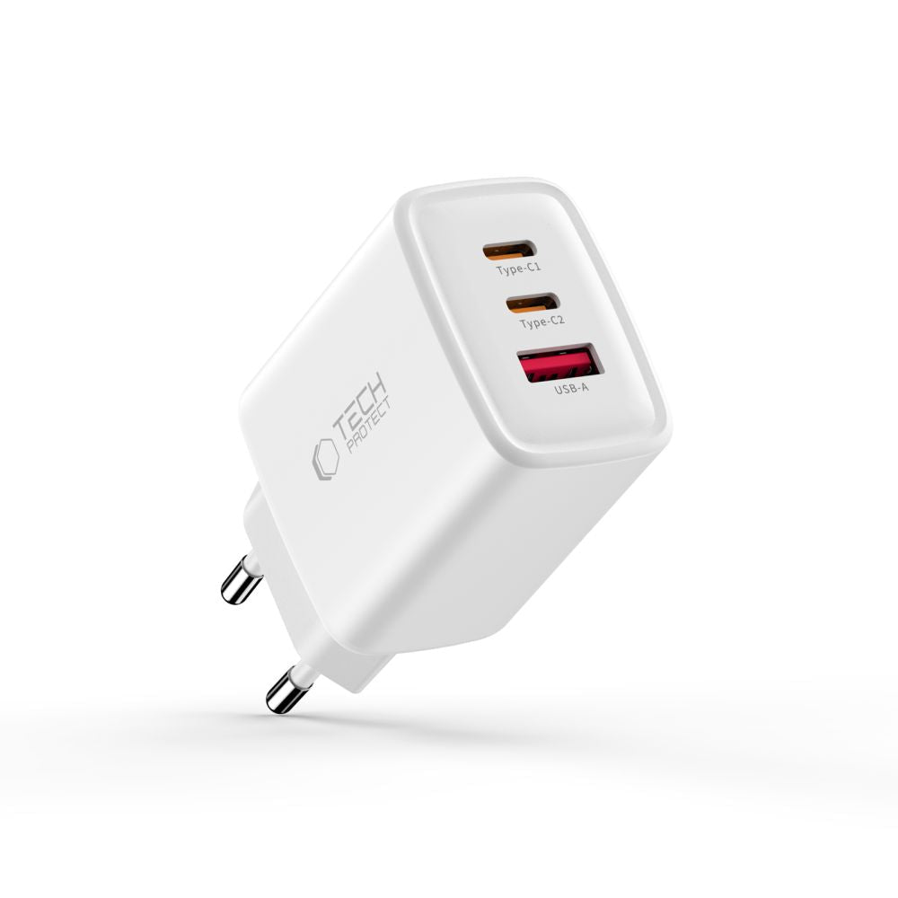 Tech - Protect Οικιακός Φορτιστής με 1 Θύρα USB και 2 Θύρες Type - C PD 65W QC3.0 - NCA65W - GAN - White