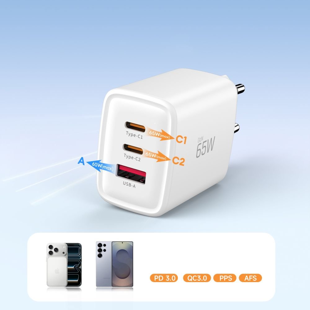 Tech - Protect Οικιακός Φορτιστής με 1 Θύρα USB και 2 Θύρες Type - C PD 65W QC3.0 - NCA65W - GAN - White