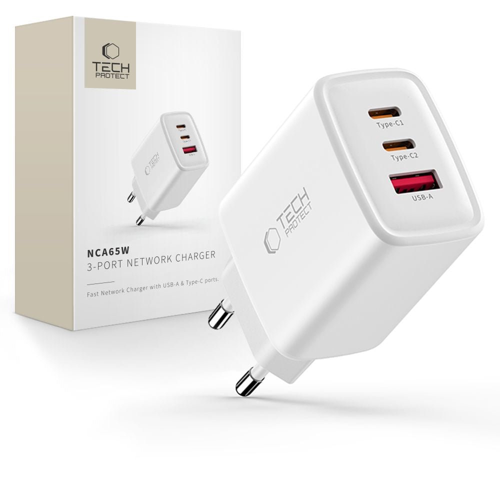Tech - Protect Οικιακός Φορτιστής με 1 Θύρα USB και 2 Θύρες Type - C PD 65W QC3.0 - NCA65W - GAN - White
