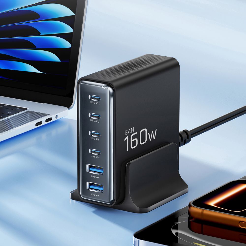 Tech - Protect Σταθμός Φόρτισης με 2 Θύρες USB και 4 Θύρες Type - C - PD 160W/QC3.0 - DC160W - GAN - Black