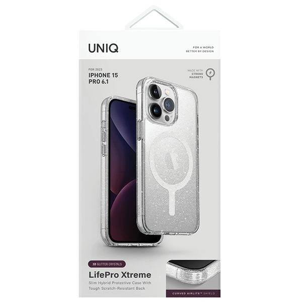 Uniq iPhone 15 Pro LifePro Xtreme Magclick Σκληρή Θήκη με Πλαίσιο Σιλικόνης και MagSafe - Διάφανη / Glitter