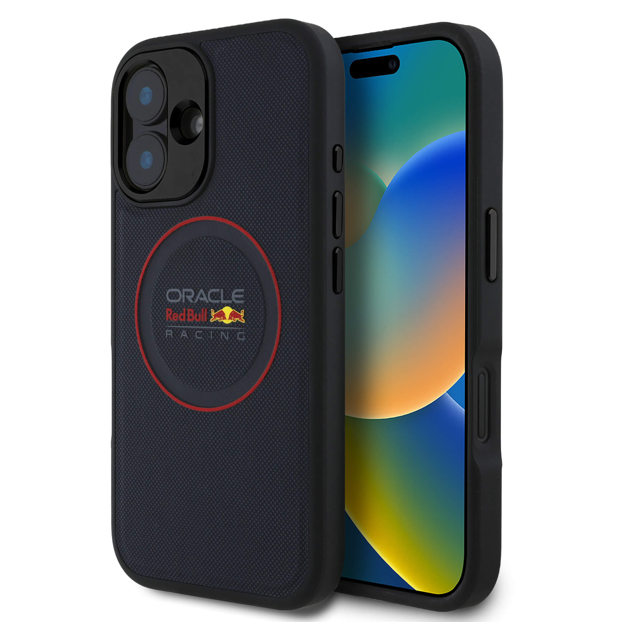 Red Bull iPhone 16 - Leather Red Ring - MagSafe Σκληρή Θήκη με Επένδυση Συνθετικού Δέρματος και Πλαίσιο Σιλικόνης - Navy - RBHMP16S24PUILVR