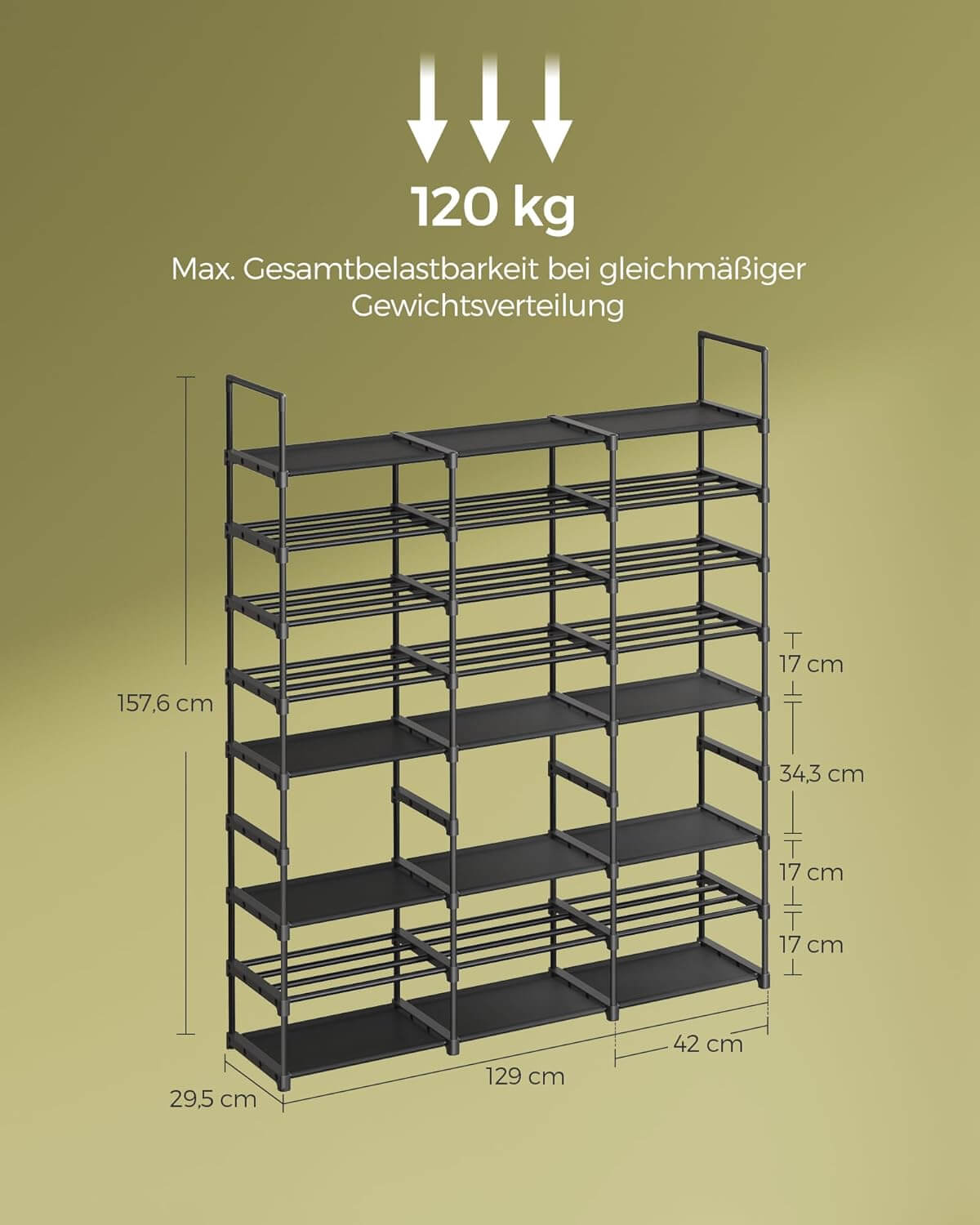 Songmics Μεταλλική Παπουτσοθήκη με 8 Ράφια - 29.5 x 129 x 157.6 cm - Ink Black - LSA319B01