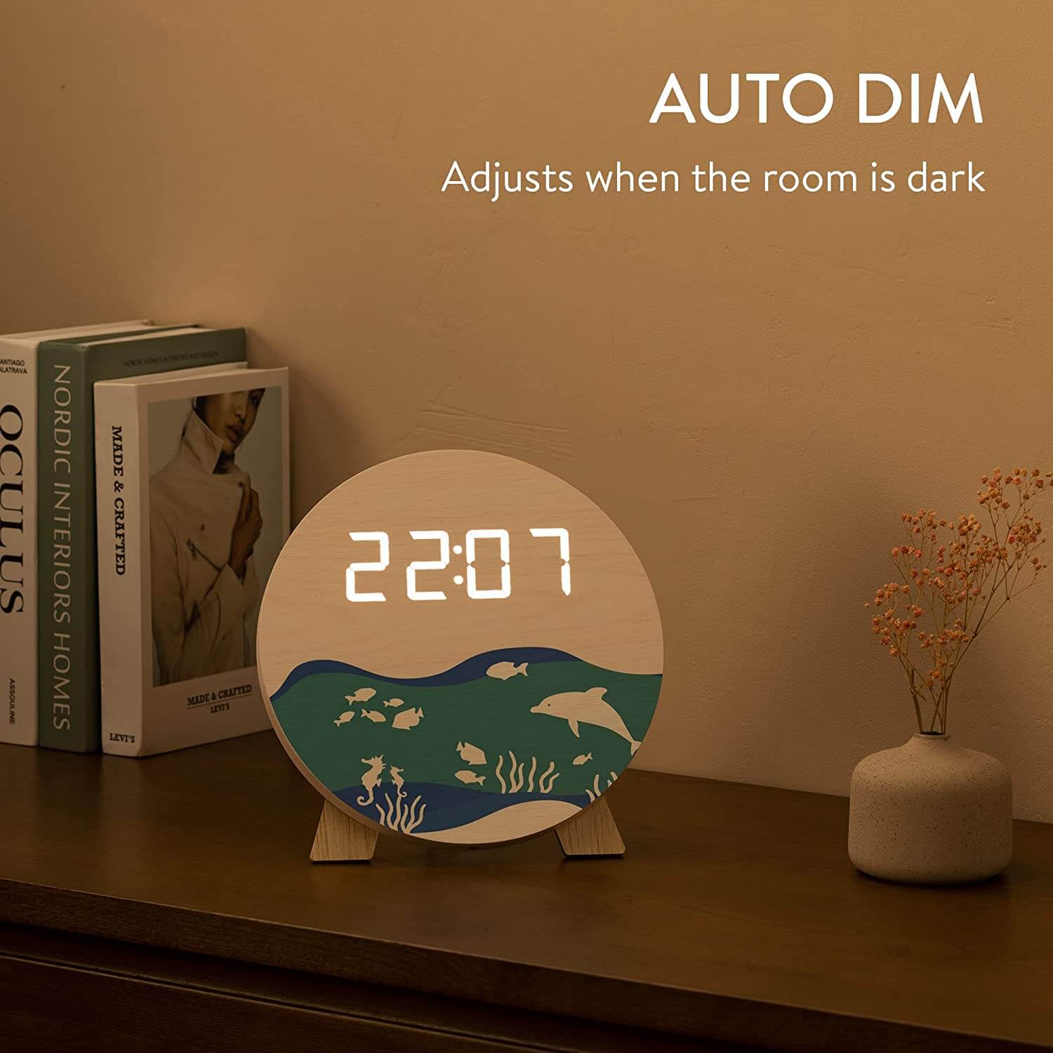 Navaris Ψηφιακό Ξύλινο Ρολόι LED - Design Ocean - White - 58958.03