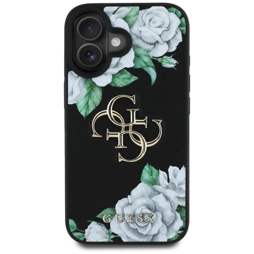 Guess iPhone 16 - Grained Roses Big 4G Logo - Σκληρή Θήκη με Επένδυση από Οικολογικό Δέρμα - Black - GUHCP16SPGROP4MK
