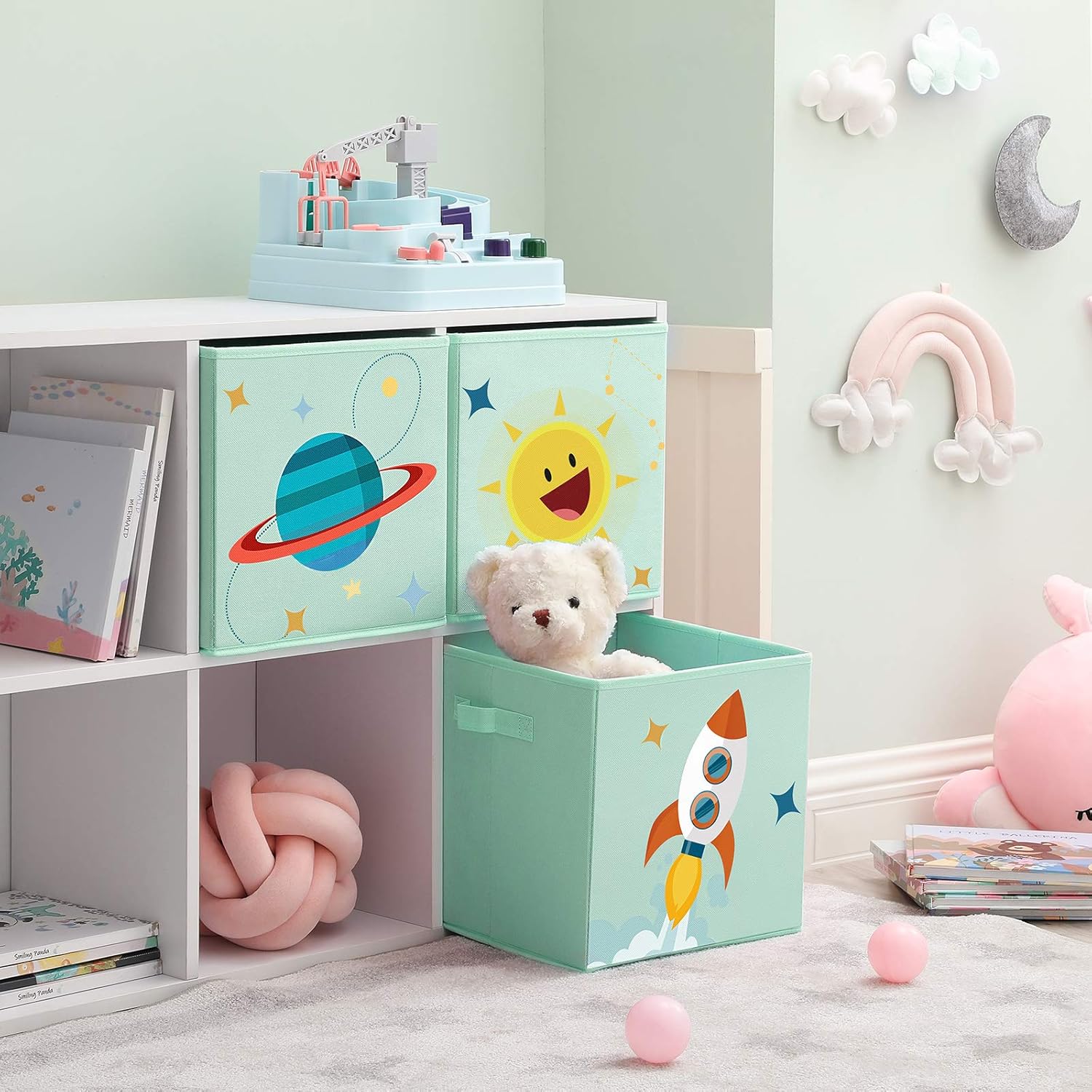 Songmics Σετ με 3 Παιδικά Κουτιά Αποθήκευσης Παιχνιδιών με Χερούλια - Space Theme - Green - RFB001G03