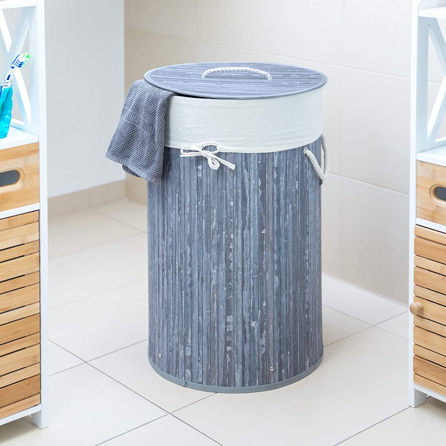 Relaxdays Πτυσσόμενο Στρόγγυλο Καλάθι Απλύτων από Μπαμπού με Καπάκι - Grey / White - 4052025961886