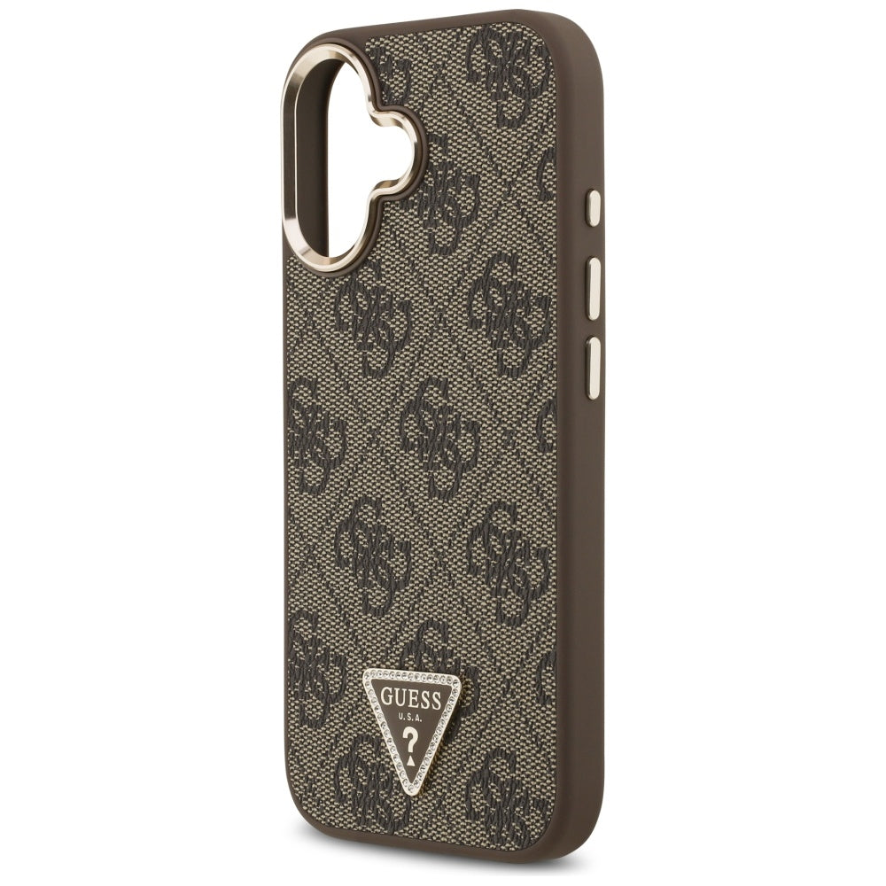 Guess iPhone 17 - 4G Triangle Strass Logo MagSafe - Σκληρή Θήκη με Επένδυση Συνθετικού Δέρματος - Brown / Gold - GUHMP17SP4GTDGMW