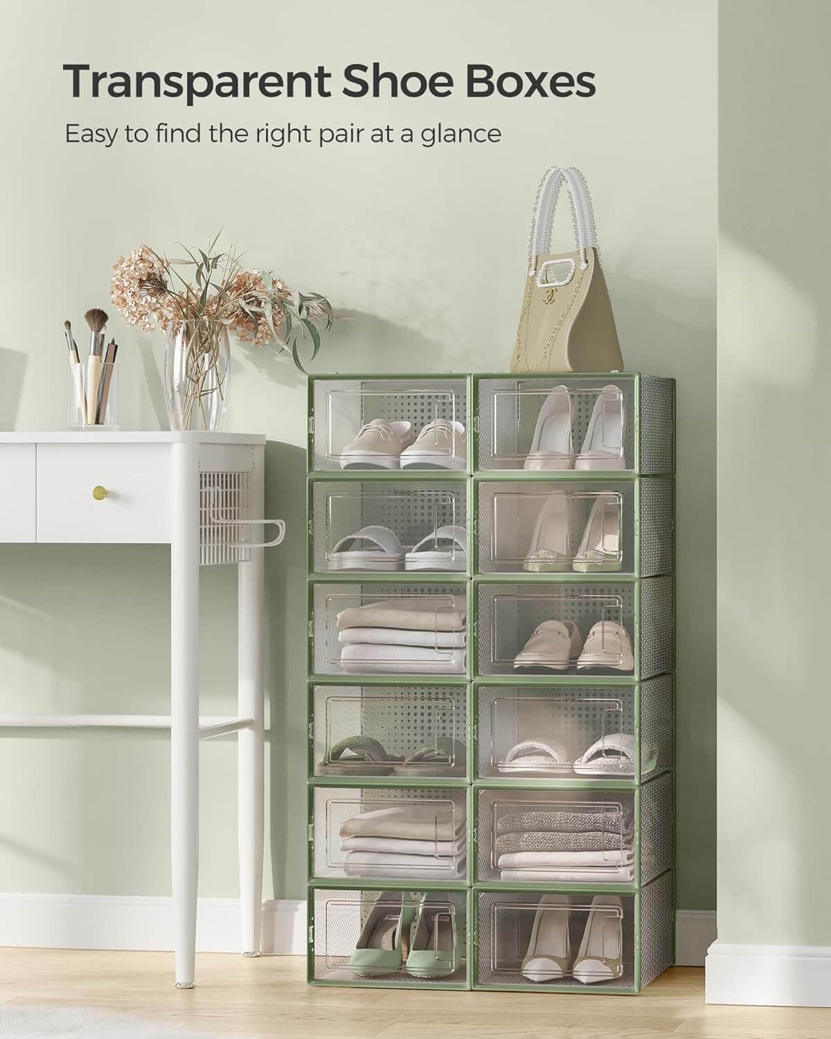 Songmics Σετ με 12 Πλαστικά Κουτιά Αποθήκευσης Υποδημάτων - Διάφανα / Laurel Green - LSP12SG30