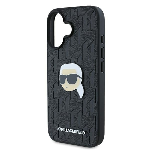 Karl Lagerfeld iPhone 16 - Monogram Karl Head Pin Σκληρή Θήκη με Επένδυση Συνθετικού Δέρματος - Black - KLHCP16SPGKLKIPK