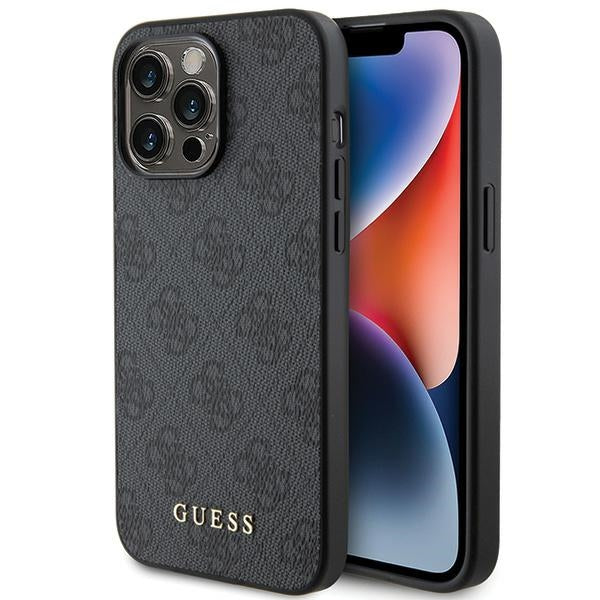 Guess iPhone 15 Pro Max - 4G Metal Gold Logo Σκληρή Θήκη με Επένδυση Συνθετικού Δέρματος - Grey - GUHCP15XG4GFGR