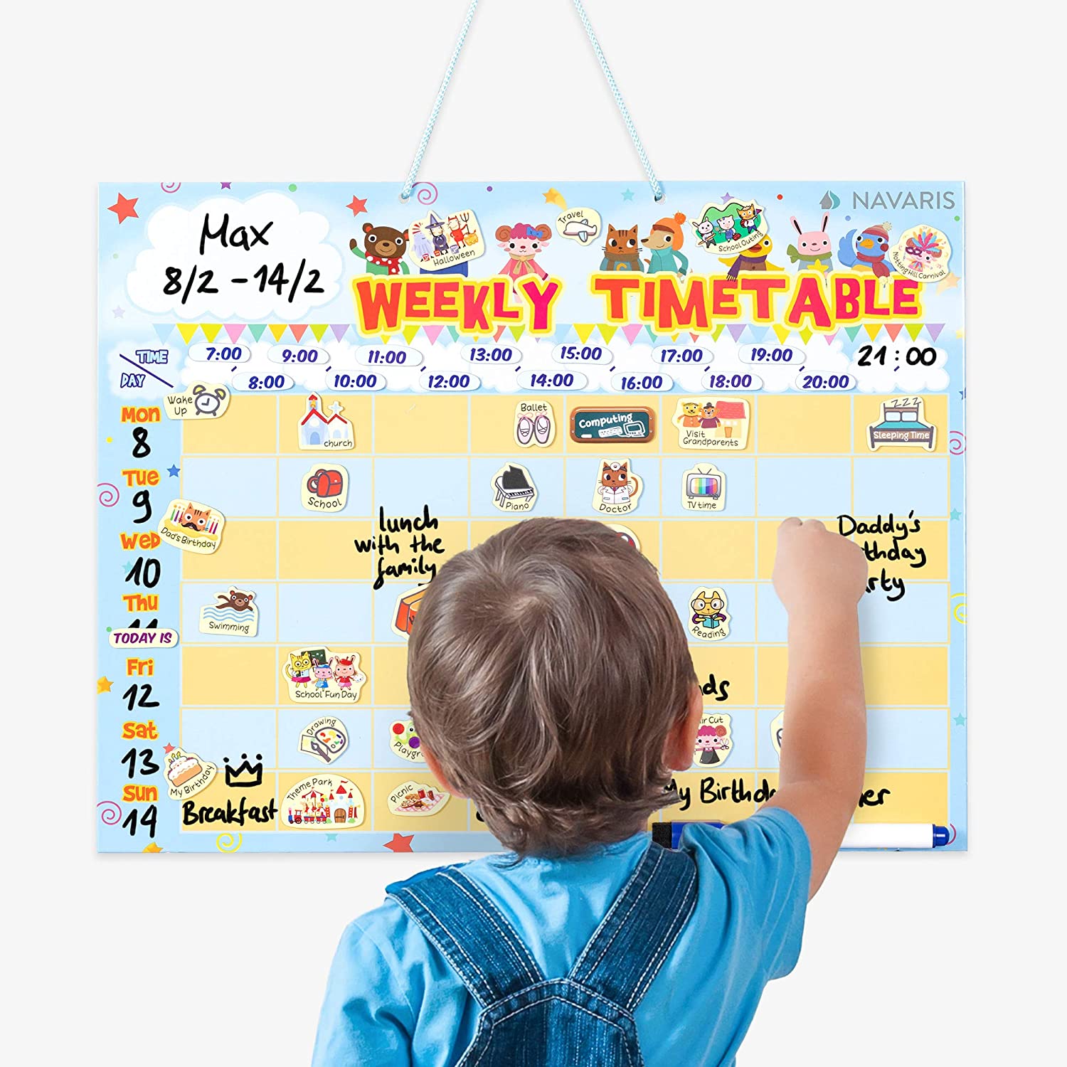 Navaris Εβδομαδιαίος Μαγνητικός Πίνακας Χρονοδιαγράμματος για Παιδιά - 40 x 32 cm - Blue / Multicolor - 53344.02