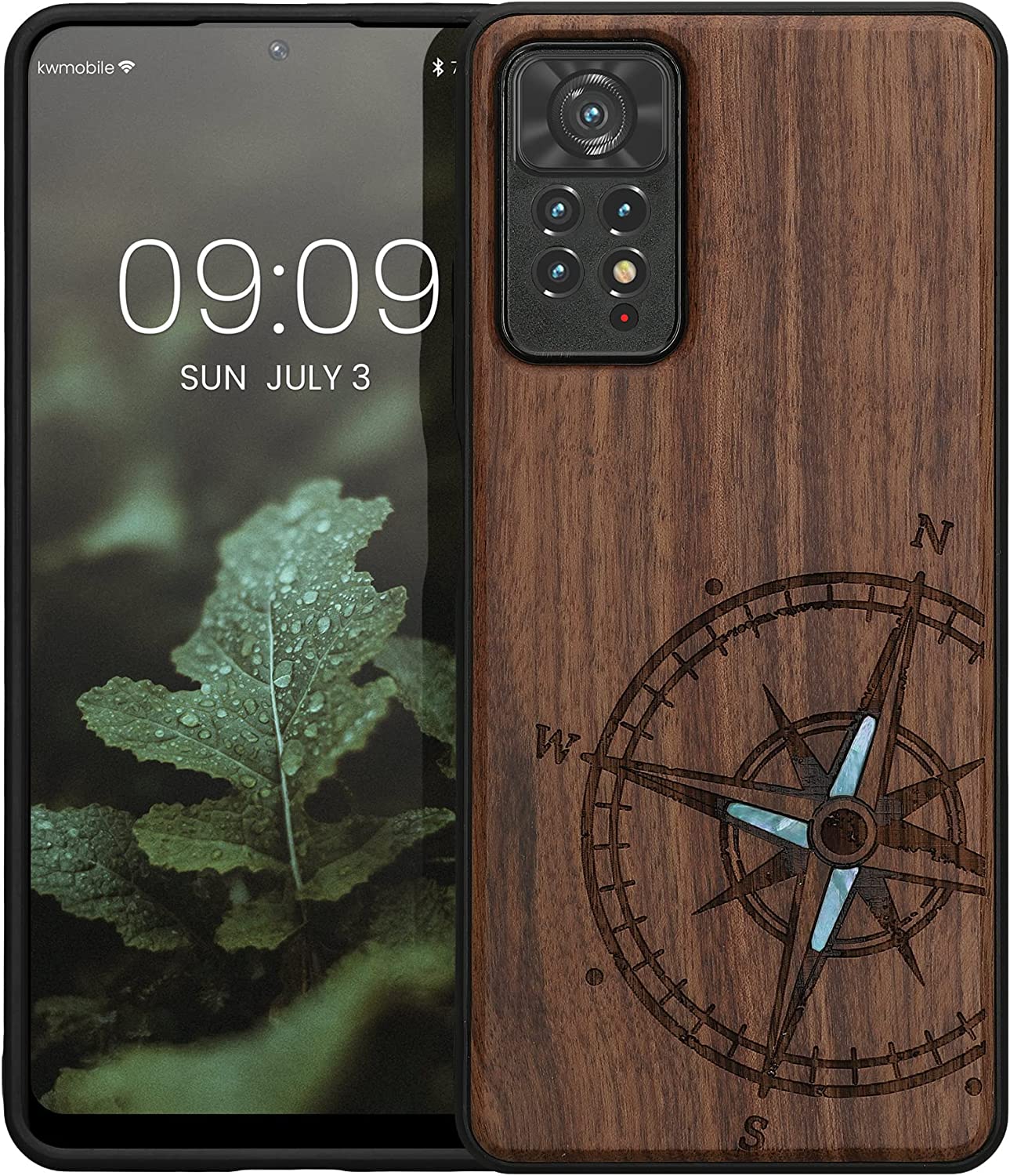 KW Xiaomi Redmi Note 11 Pro / Note 11 Pro 5G Θήκη από Φυσικό Ξύλο - Design Navigational Compass Mother of Pearl - Dark Brown - 57381.11