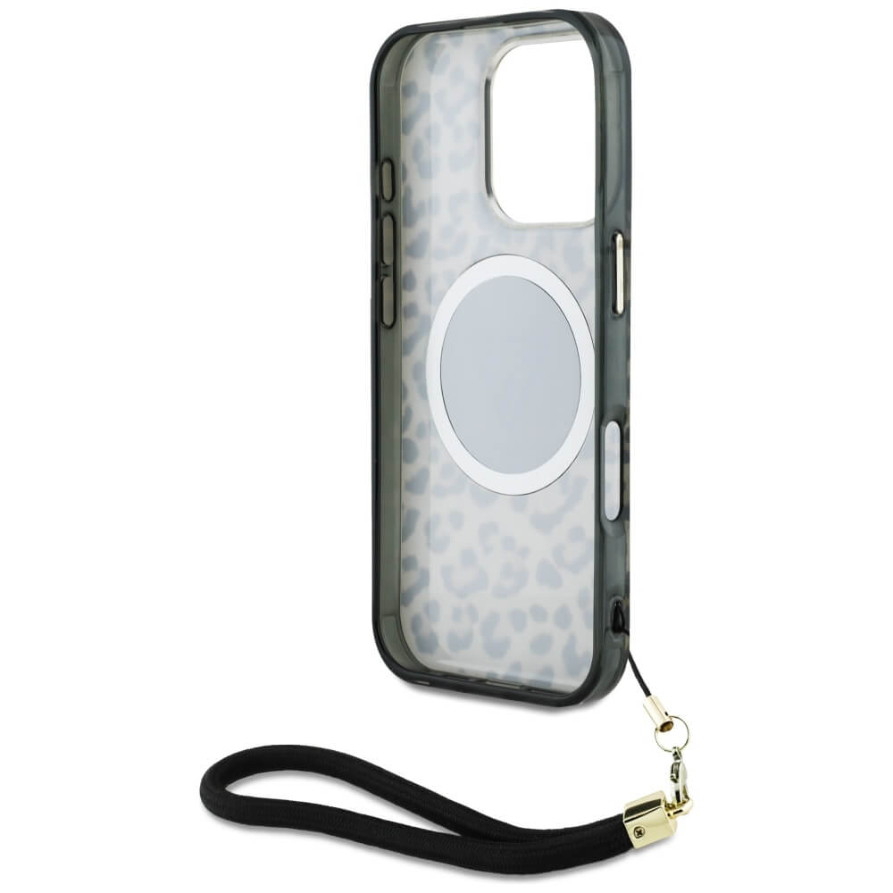 Guess iPhone 16 Pro - HC IML Leopard Triangle Cord Strap MagSafe - Σκληρή Θήκη με Πλαίσιο Σιλικόνης και Λουράκι - Brown - GUHMP16LHLORSSW