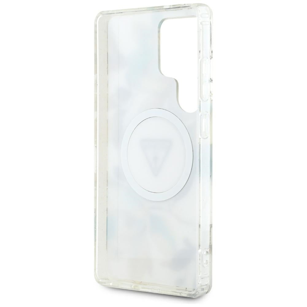 Guess Samsung Galaxy S25 Ultra - Glitter Flowers Triangle Buttons MagSafe - Σκληρή Θήκη με Πλαίσιο Σιλικόνης - White - GUHMS25LHFLPEDH