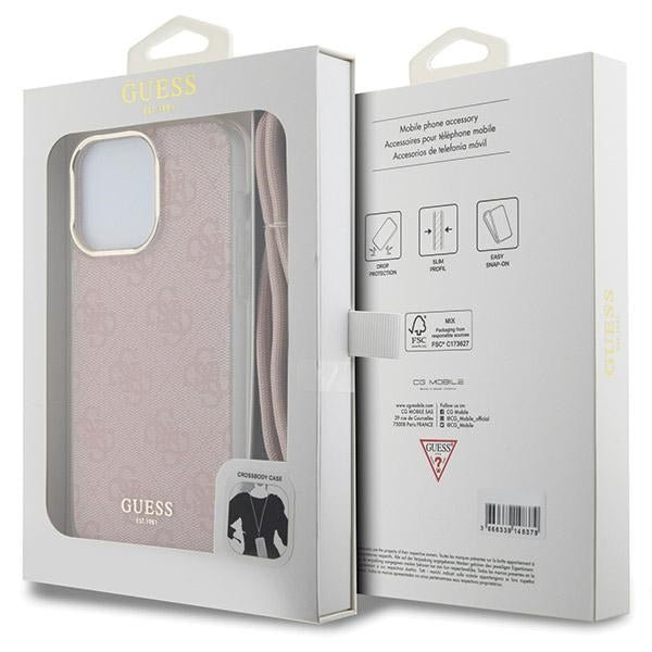 Guess iPhone 15 Pro Crossbody Cord 4G Print Σκληρή Θήκη με Πλαίσιο Σιλικόνης και Λουράκι - Pink - GUHCP15LHC4SEP