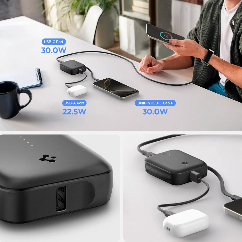Spigen Essentail EA3010BT PowerBank 10000mAh 30W με 1 Θύρα Type-C και 1 Θύρα USB και Eνσωματωμένο Καλώδιο Type-C - Black