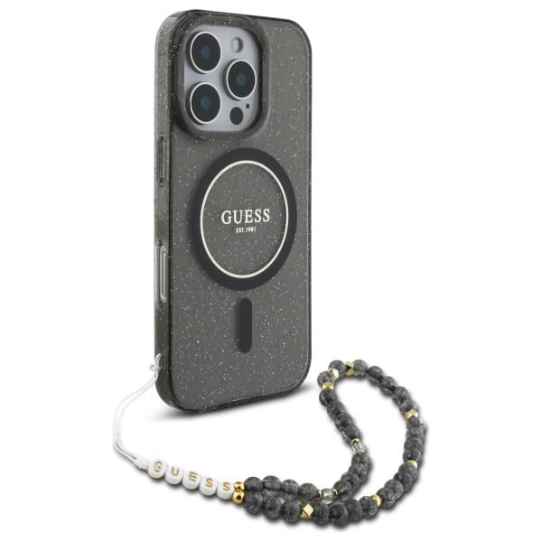 Guess iPhone 16 Pro - IML Glitter With Pearl Strap MagSafe - Σκληρή Θήκη με Πλαίσιο Σιλικόνης και Λουράκι - Black - GUHMP16LHGCRELSK