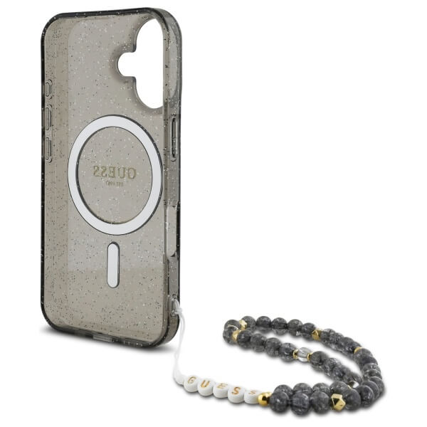 Guess iPhone 16 - IML Glitter With Pearl Strap MagSafe - Σκληρή Θήκη με Πλαίσιο Σιλικόνης και Λουράκι - Black - GUHMP16SHGCRELSK