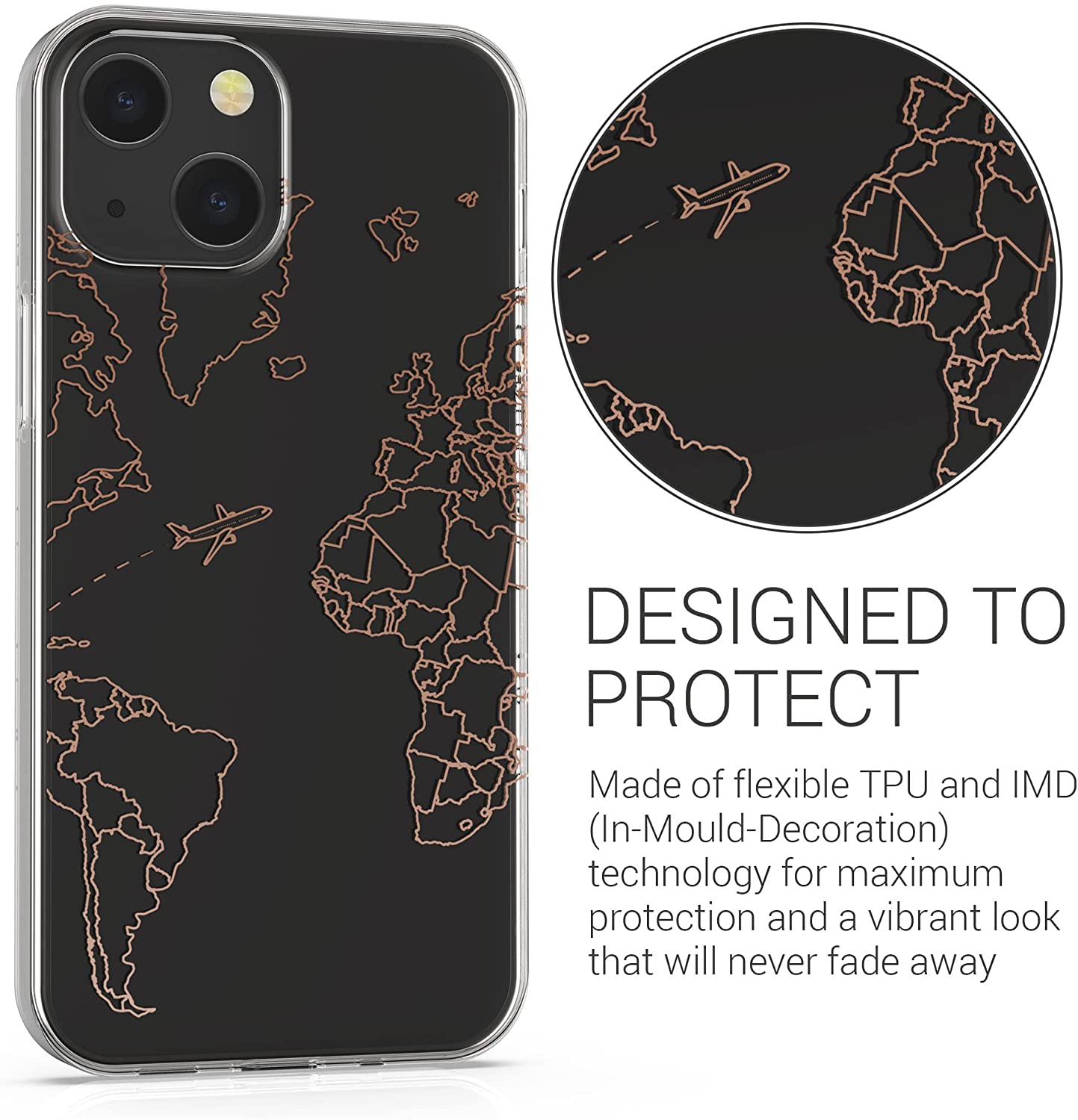 KW iPhone 13 Θήκη Σιλικόνης TPU Design Travel Airplane - Διάφανη / Rose Gold - 57143.02