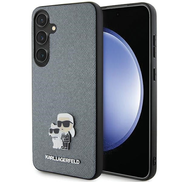 Karl Lagerfeld Samsung Galaxy S24 - Saffiano Karl and Choupette Metal Pin Σκληρή Θήκη με Επένδυση Συνθετικού Δέρματος και Πλαίσιο Σιλικόνης - Grey - KLHCS24SPSAKCMPG