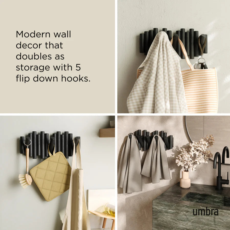 Umbra Picket Ξύλινη Επιτοίχια Κρεμάστρα με 5 Αναδιπλούμενους Γάντζους - Black