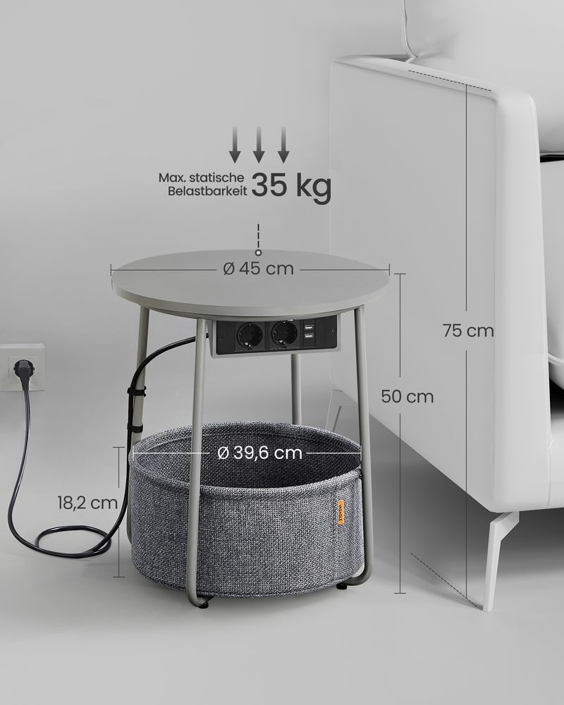 Vasagle Στρόγγυλο Βοηθητικό Τραπέζι με Υφασμάτινο Καλάθι Αποθήκευσης και Ενσωματωμένο Πολύπριζο - Dove Grey / Slate Grey - LET228G02